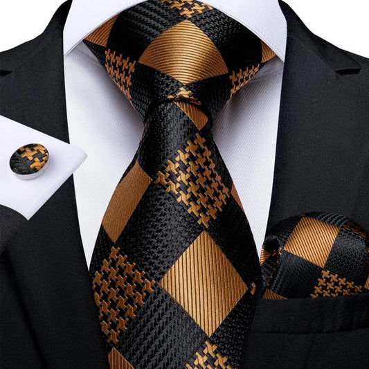 Luxury Mens Tie Black Golden Jacquard Necktie Pocket Square Cufflinks