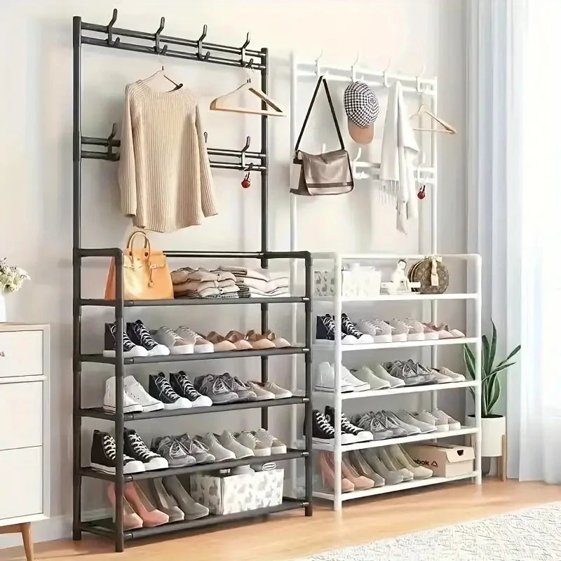 A clothes hanger and shoe rack , used for storing shoes, clothes, jackets, hats, bags, umbrellas i