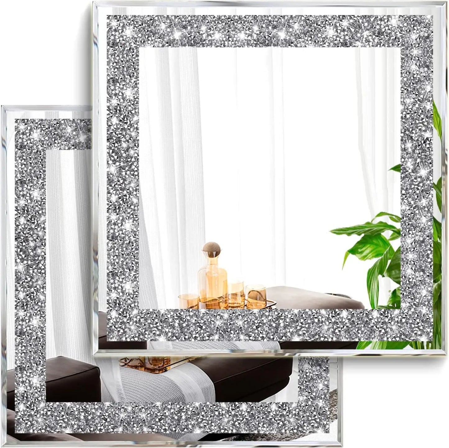 2 Piece Wall Mirrors, Crush Diamond Mirrors Decor,   (12”X12”)