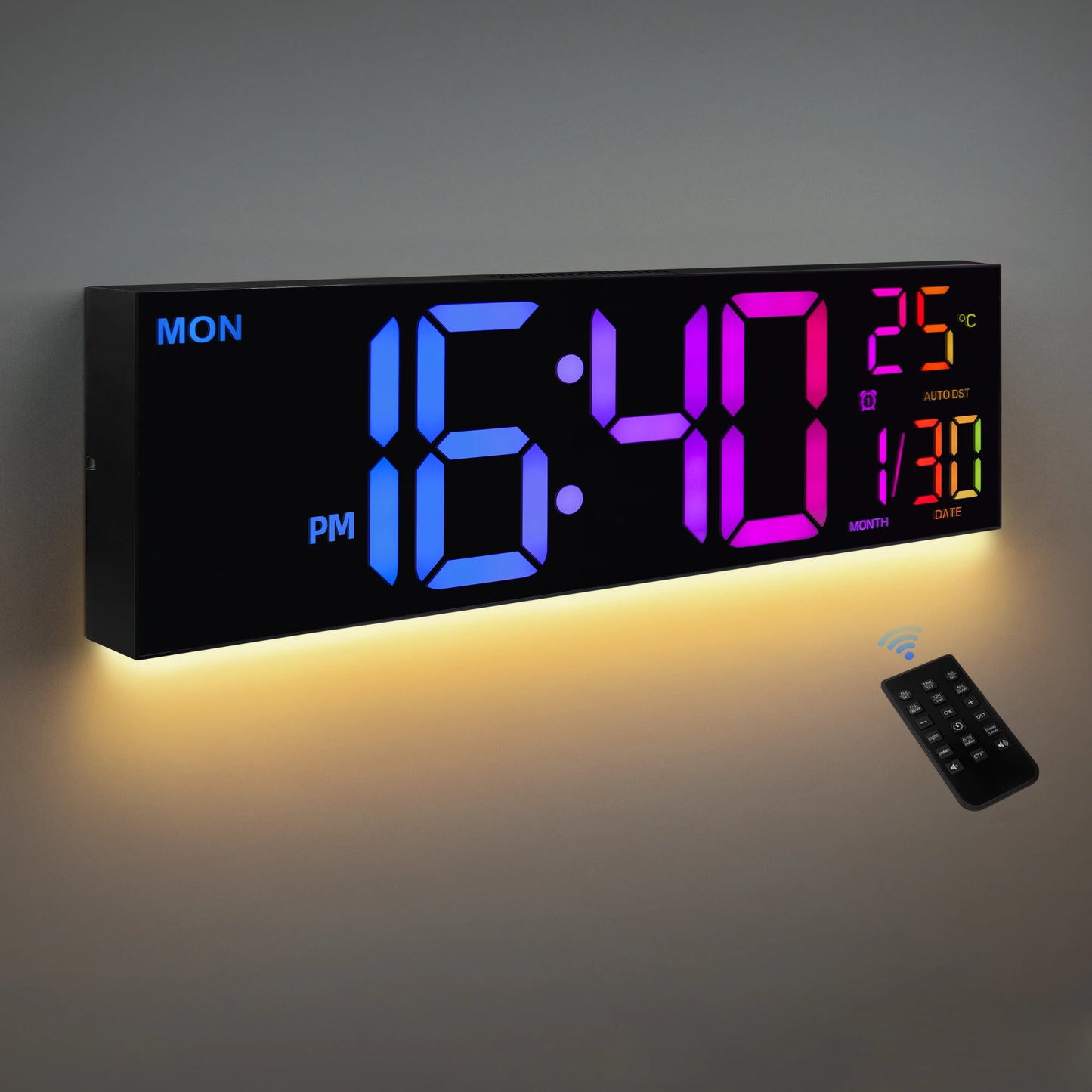 16" Large Digital Wall Clock,-  Big LED Display with Remote, - 8  RGB Color, - Alarm, DST, -Temperature for Living Room, Kitchen
