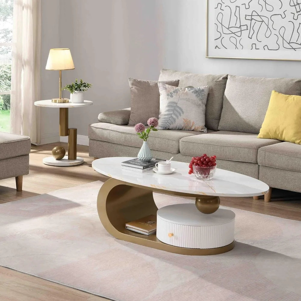 Modern 47.2" Nesting Coffee Table Set of 2, Oval and Round Centre Table Set for Living Room, Faux Marble Coffee Table and Round