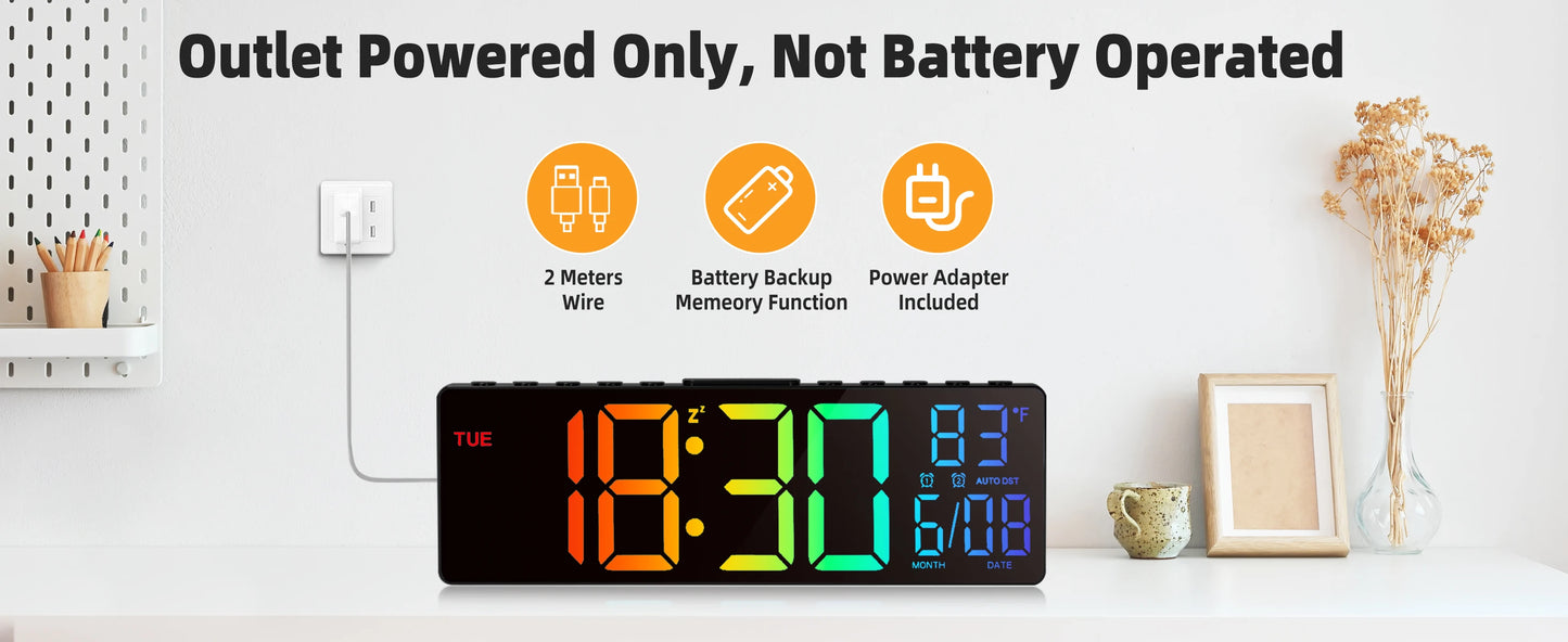 10.5" Digital Wall Clock, LED Display with Remote, Auto DST, Temperature for Living Room, Bedroom, Kitchen