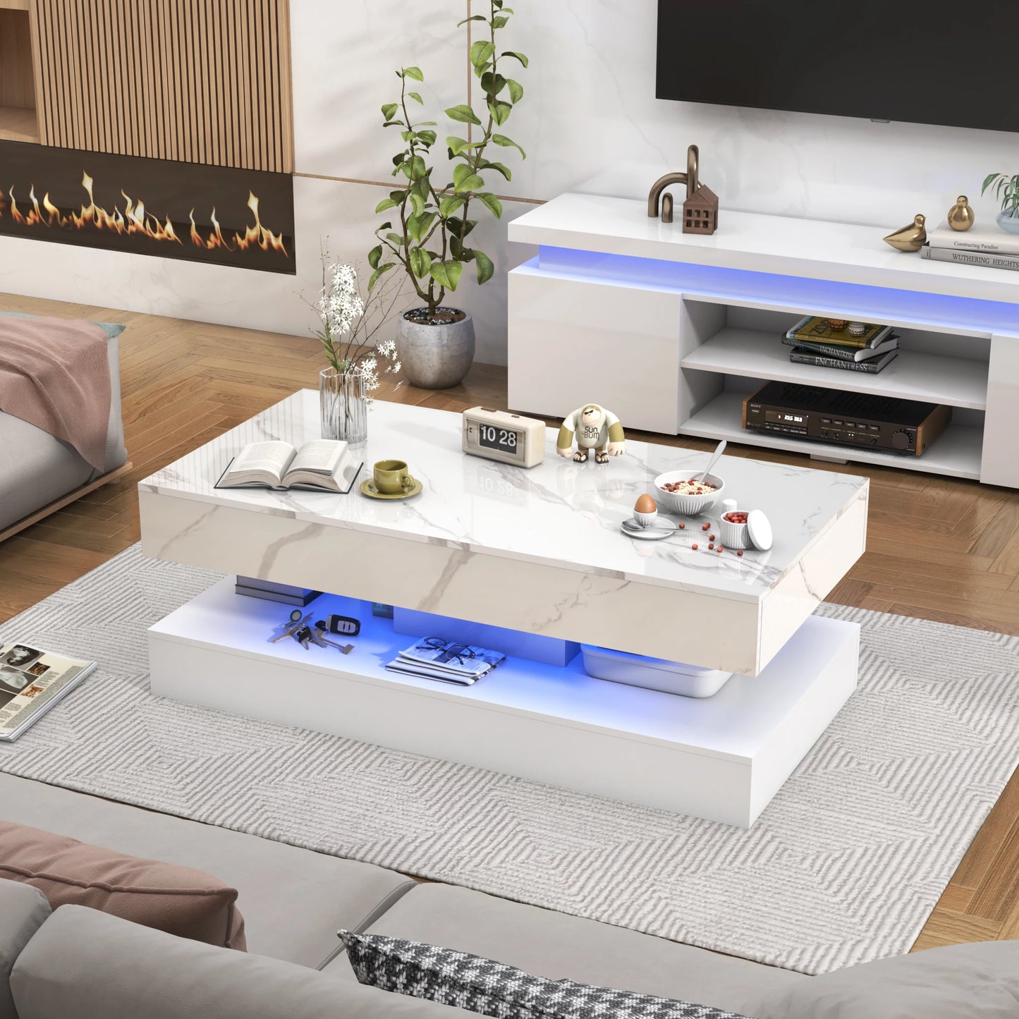Stylish Coffee Table with LED lights, and 2 Storage Drawers
