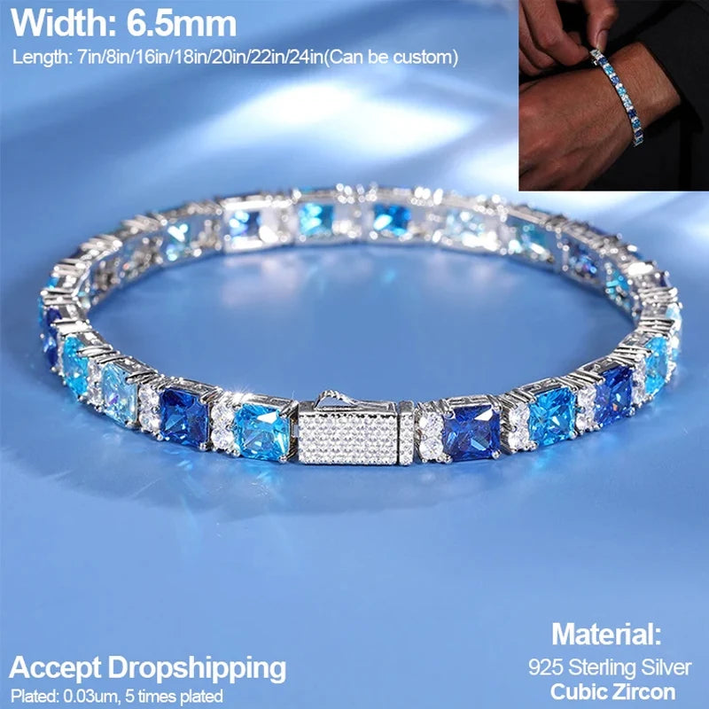 Original Gradient Blue Square Tennis Bracelet For Women S925 Sterling Silver Men Unisex Hip Hop Jewelry Party Gift New 2024