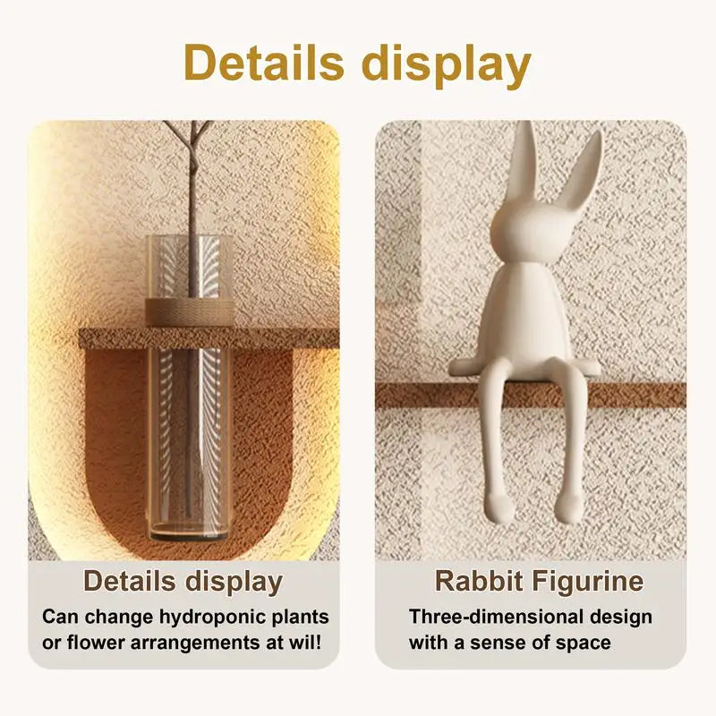 Adjustable 3-Color LED Sandstone Wall Decor with Green Plants - 3D Art Sculpture, Glass Vase & Rabbit Figurine, Remote Control