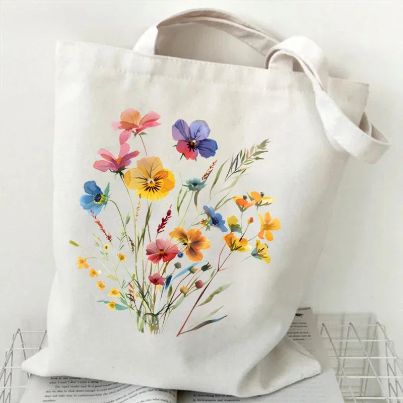 Wildflowers Pattern Retro Graphics Canvas Tote Bag