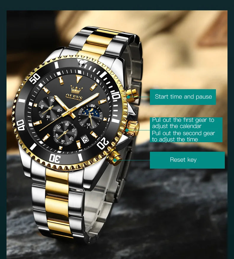 Moon Phase Men's Watches - Original Waterproof Luxury Quartz Watch Stainless Steel Chronograph