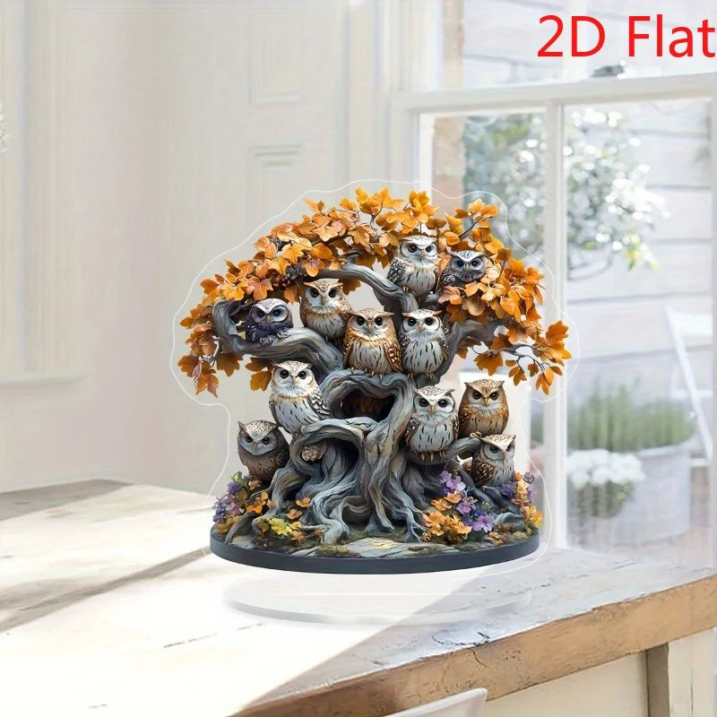 Owl & Tree of Life Acrylic Suncatcher – Elegant Desktop for Living Room, Bedroom