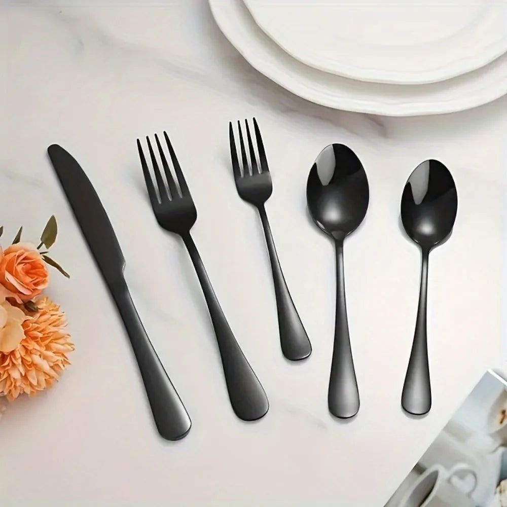 60pcs, Stainless Steel Flatware Set - Black Silverware Mirror Polished Cutlery Set - Dishwasher Safe