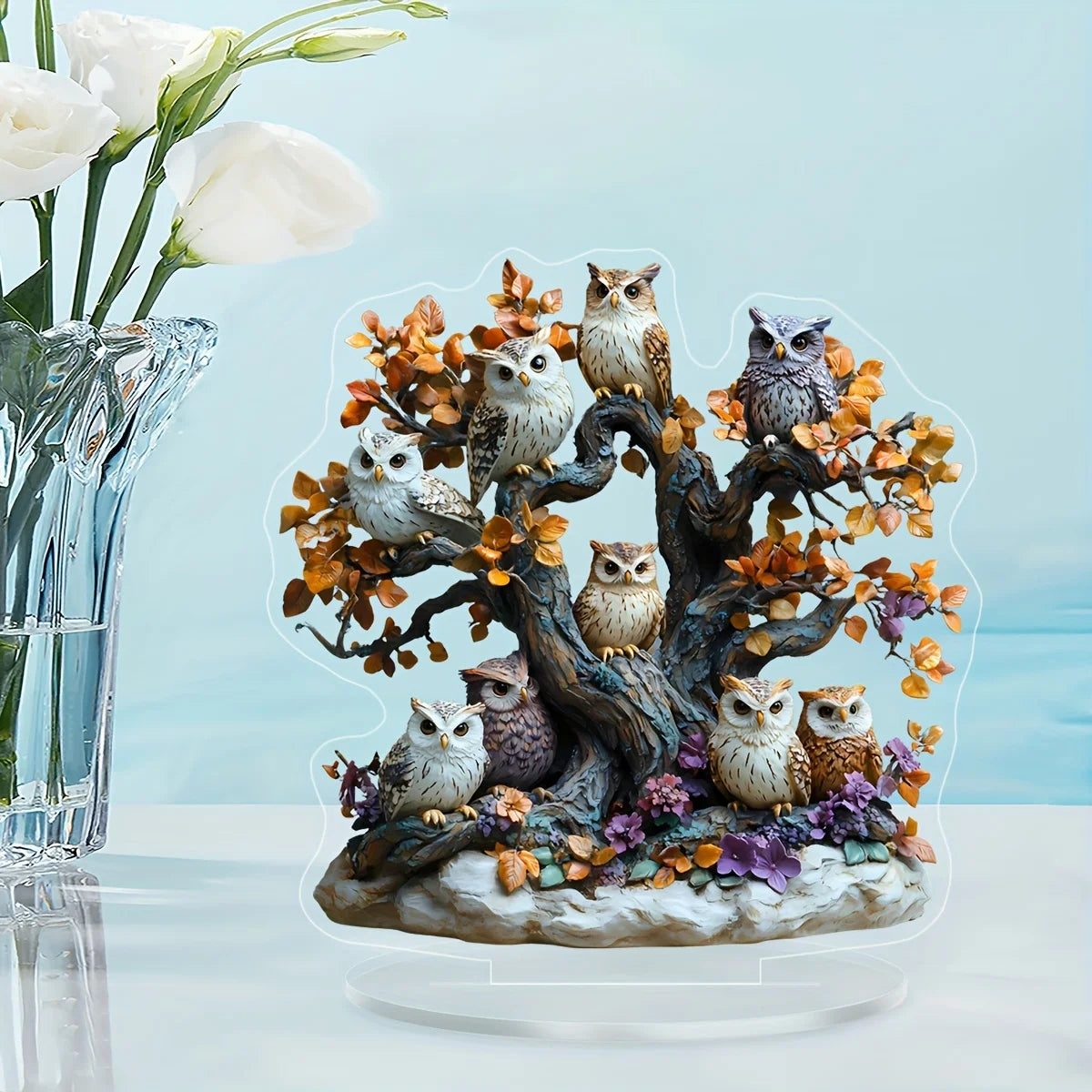2D Acrylic Owl Tree Statue - Floral Desktop Decor with Stand