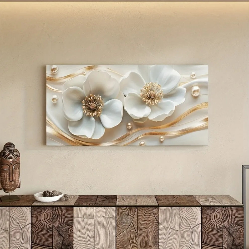 Modern abstract white floral canvas wall art with gold embellishments