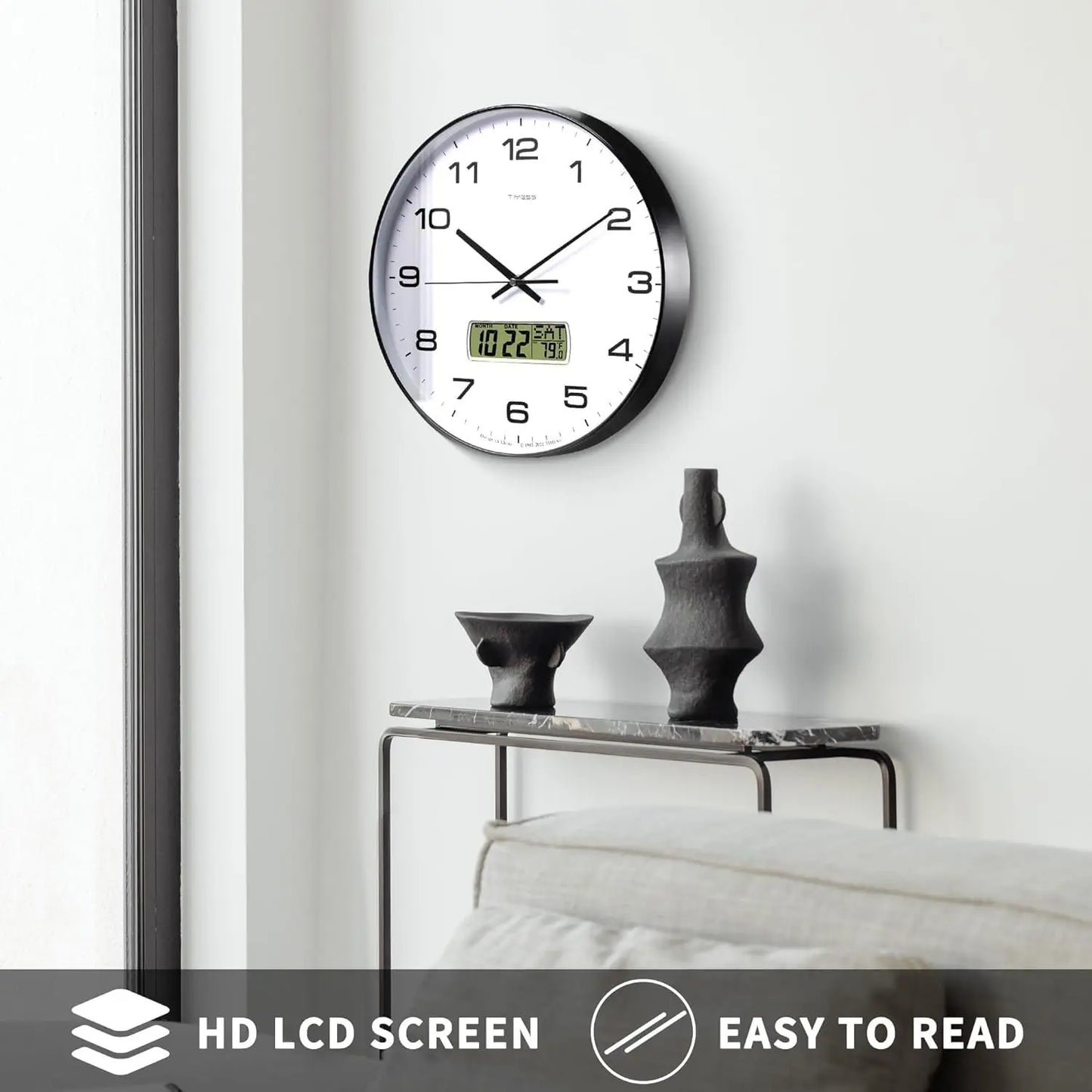 TIMESS Calendar Wall Clock,- 3 Sizes - 4 Colors Optional with Calendar and Fahrenheit Temperature
