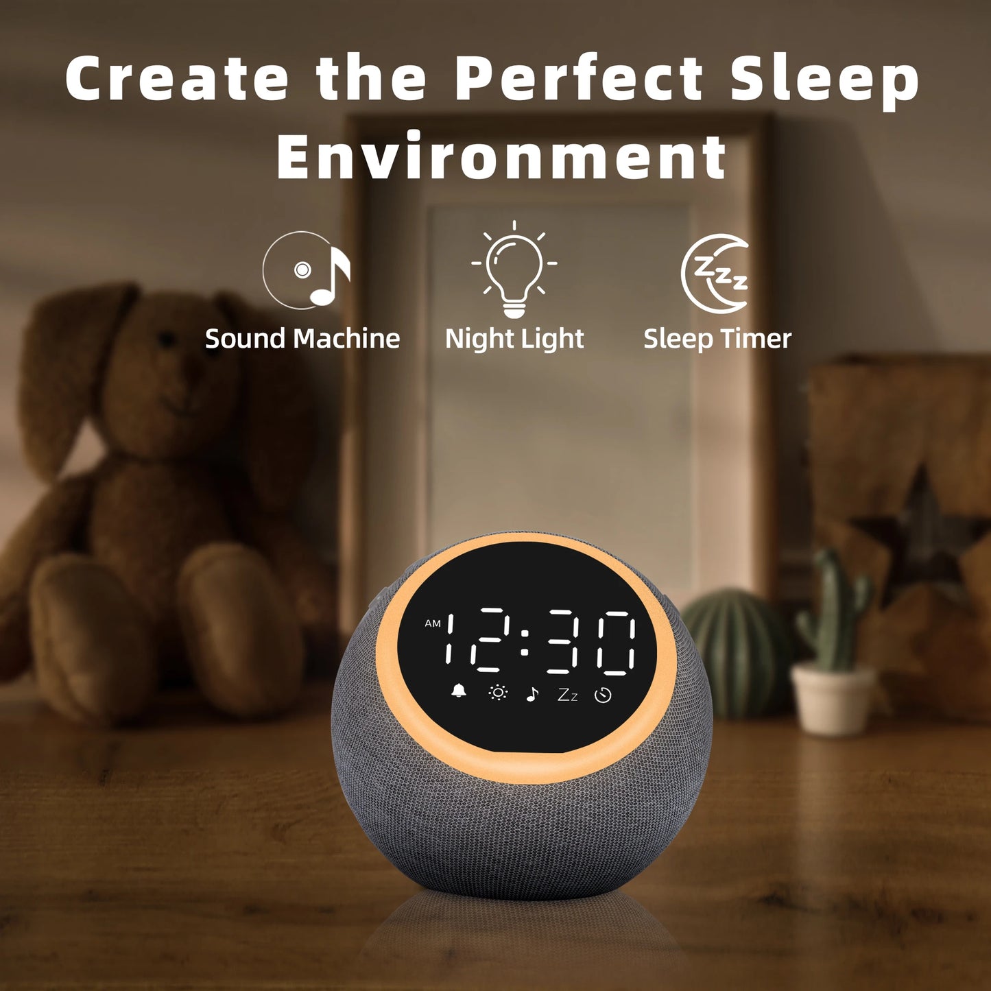 White Noise Sound Machine Alarm Clock with Night Light,-  25 Soothing Sounds, , Dimmable