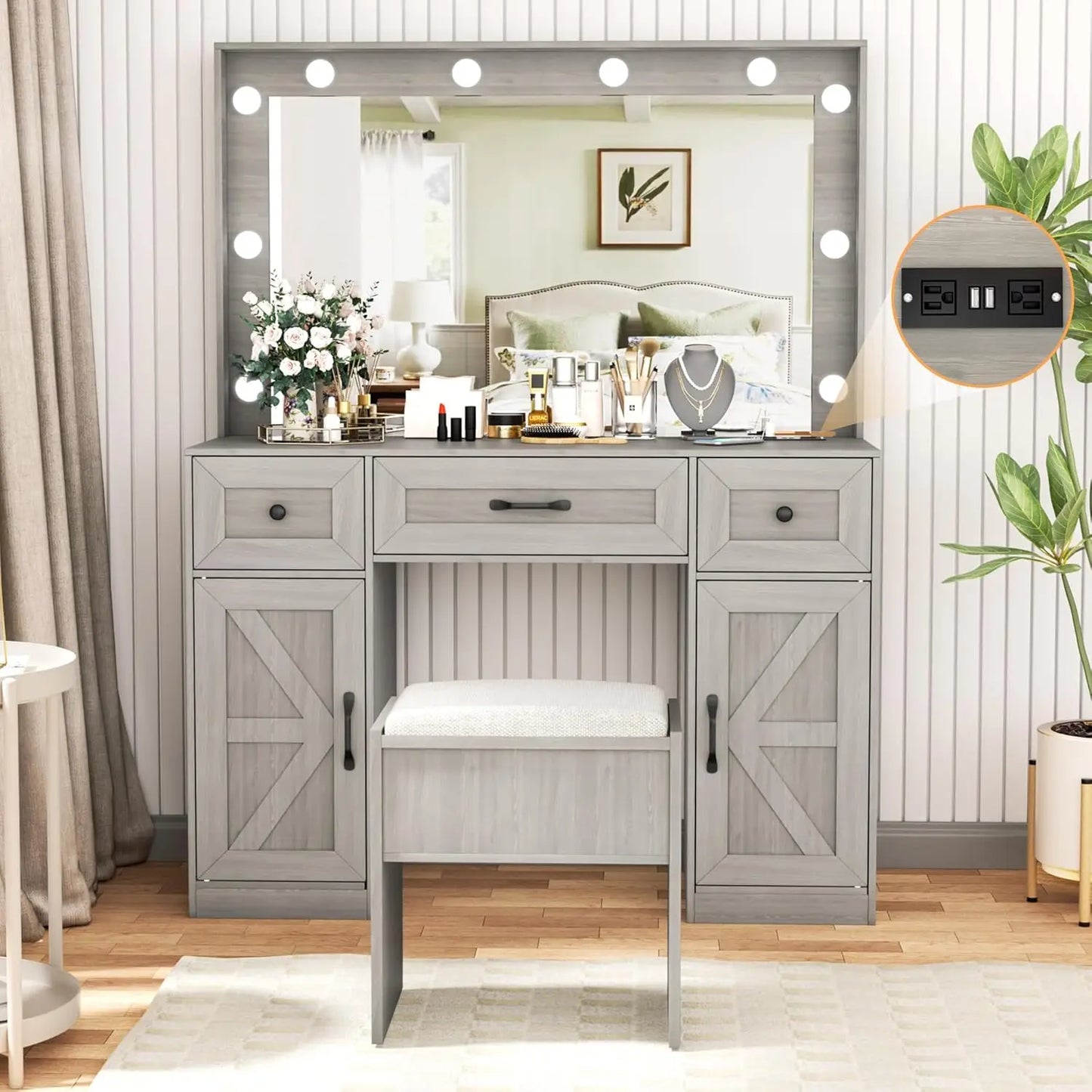 Makeup Vanity with Lights and 2 Mirror, Vanity Table with 3 Lighting Modes and Stool Set, Large Dressing Table with Drawers, Va