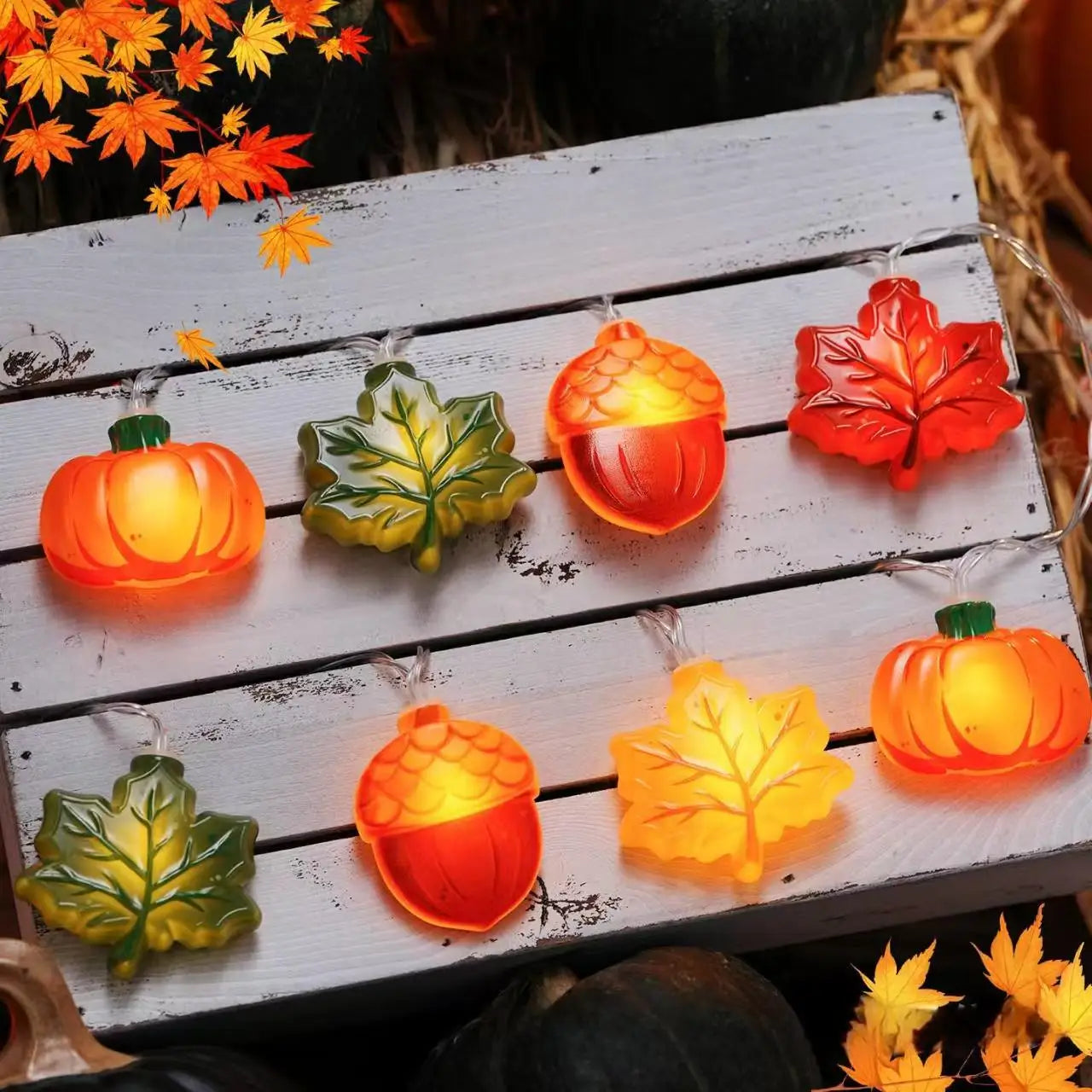 LED Pumpkin Maple Leaf Acorn String Lights， Decoration for Halloween - Thanksgiving - Christmas,