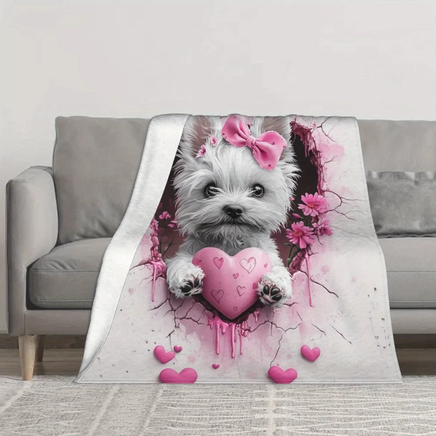 West Highland White Terrier Dog - Pink Floral Heart - Soft and Cozy Novelty Fleece Blanket