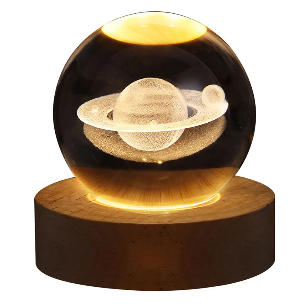 LED Crystal Ball Night Light - Crystal Ball Lamp with Wooden Base - USB Charging