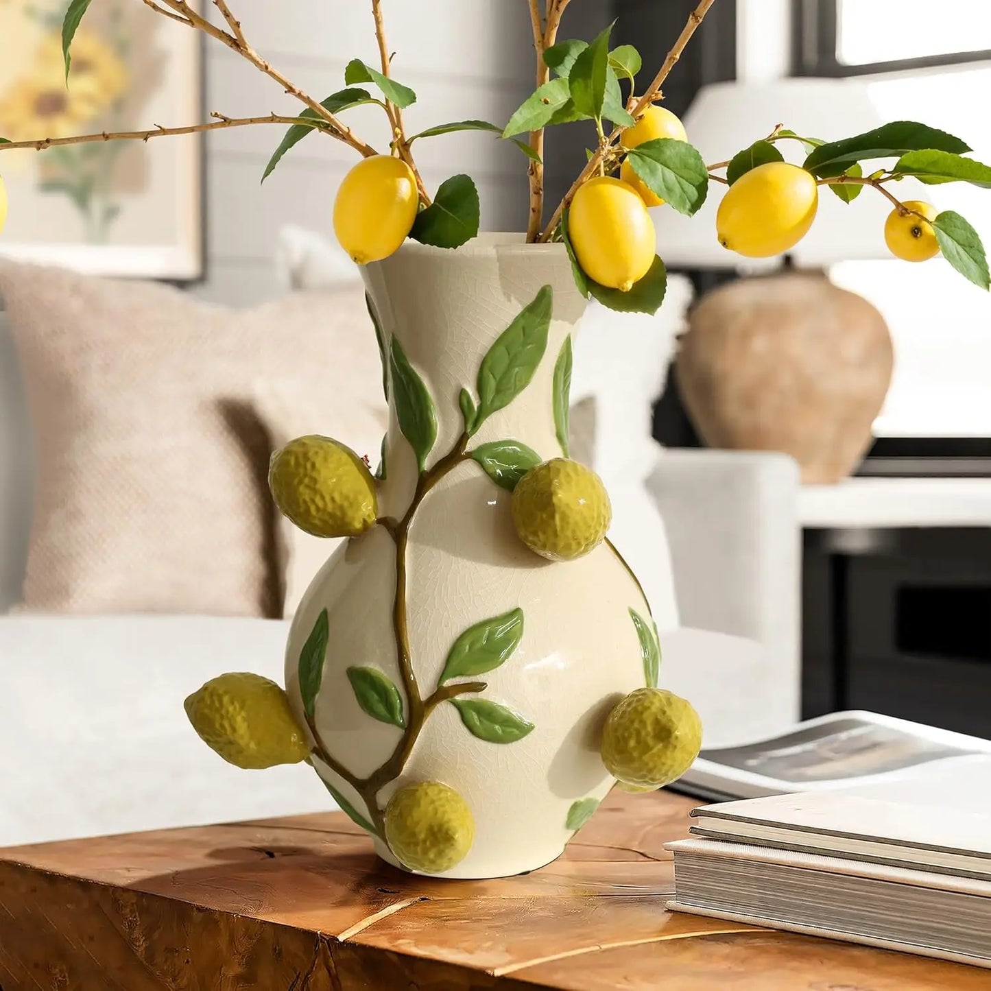 Unique Ceramic Flower Vase, - Modern Decorative Pottery Vases for Dining Table or Living Room Decor,- Ivory with Red Strawberries