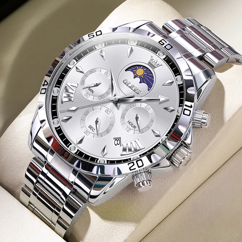 Original Moon Phase Men Watch -  Luminous Waterproof Quartz Watch - Calendar Chronograph Stainless Steel Wristwatch
