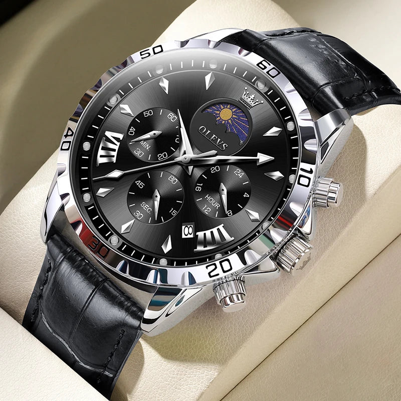 Original Moon Phase Men Watch -  Luminous Waterproof Quartz Watch - Calendar Chronograph Stainless Steel Wristwatch