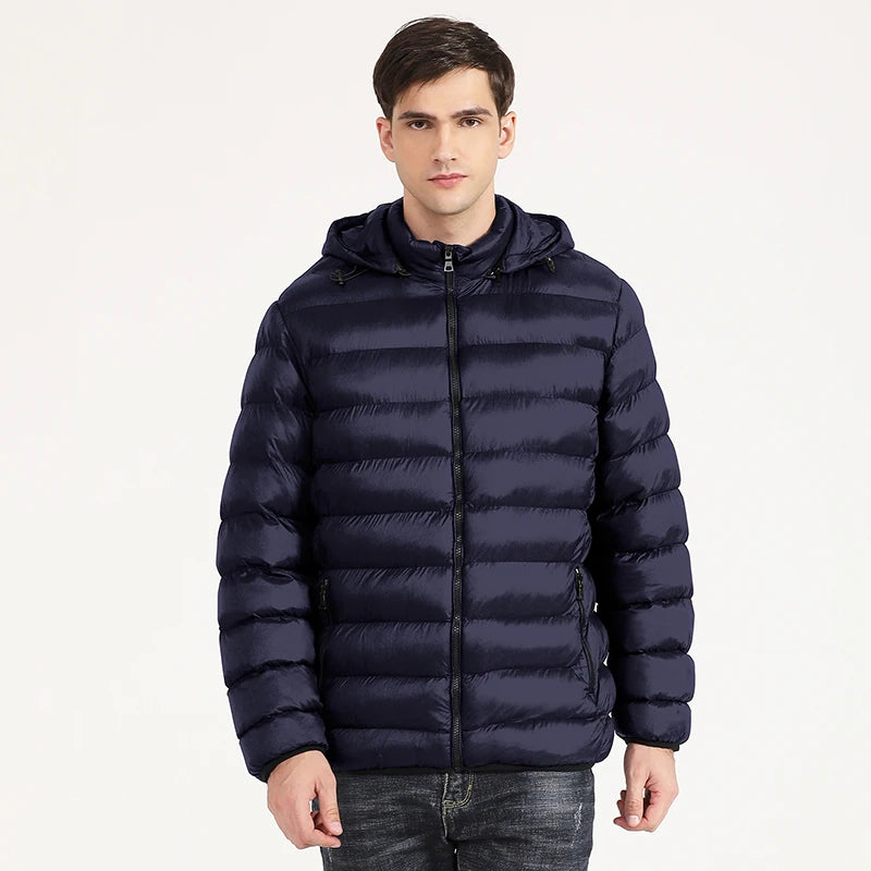 Men's Down Puffer Jacket - Cotton Padded Winter Jacket - Hooded Down Coat - Water and Wind-Resistant Coat