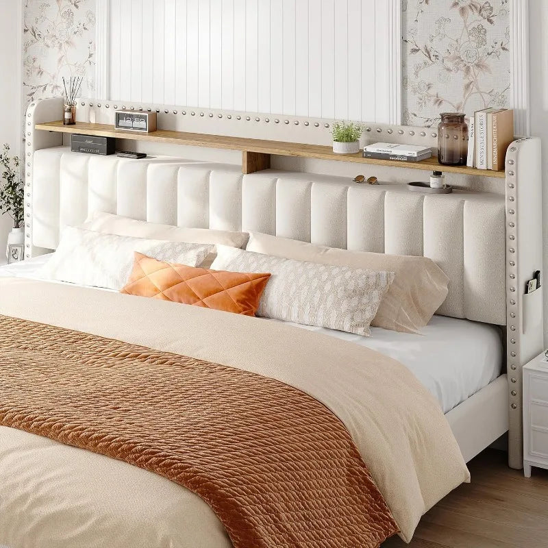 Upholstered King Size Bed Frame with Storage and Headboard