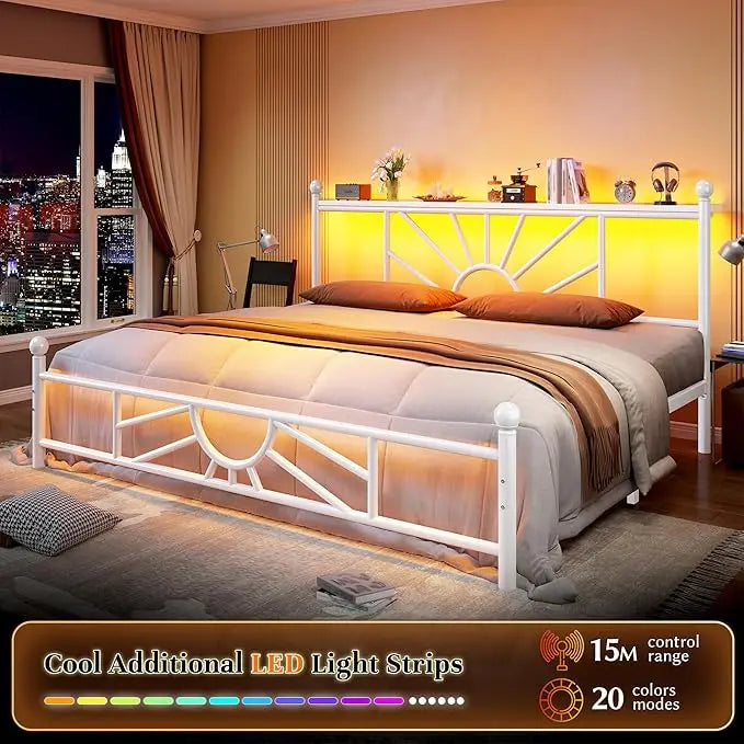 Metal King Bed Frame and Headboard, Footboard,King Size Bed Frame with LED Light, Mattress Foundation with Under Bed Storage