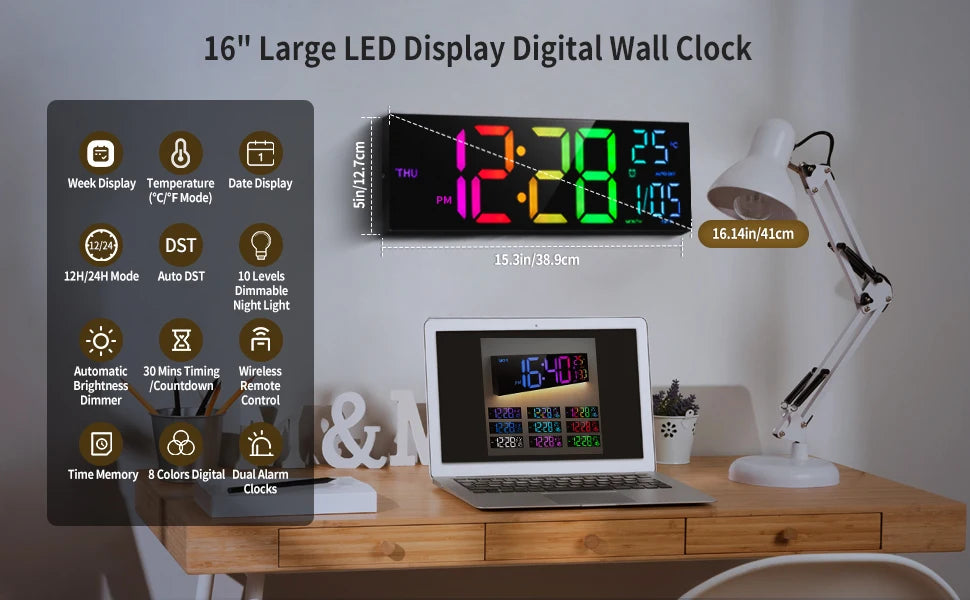 16" Large Digital Wall Clock,-  Big LED Display with Remote, - 8  RGB Color, - Alarm, DST, -Temperature for Living Room, Kitchen