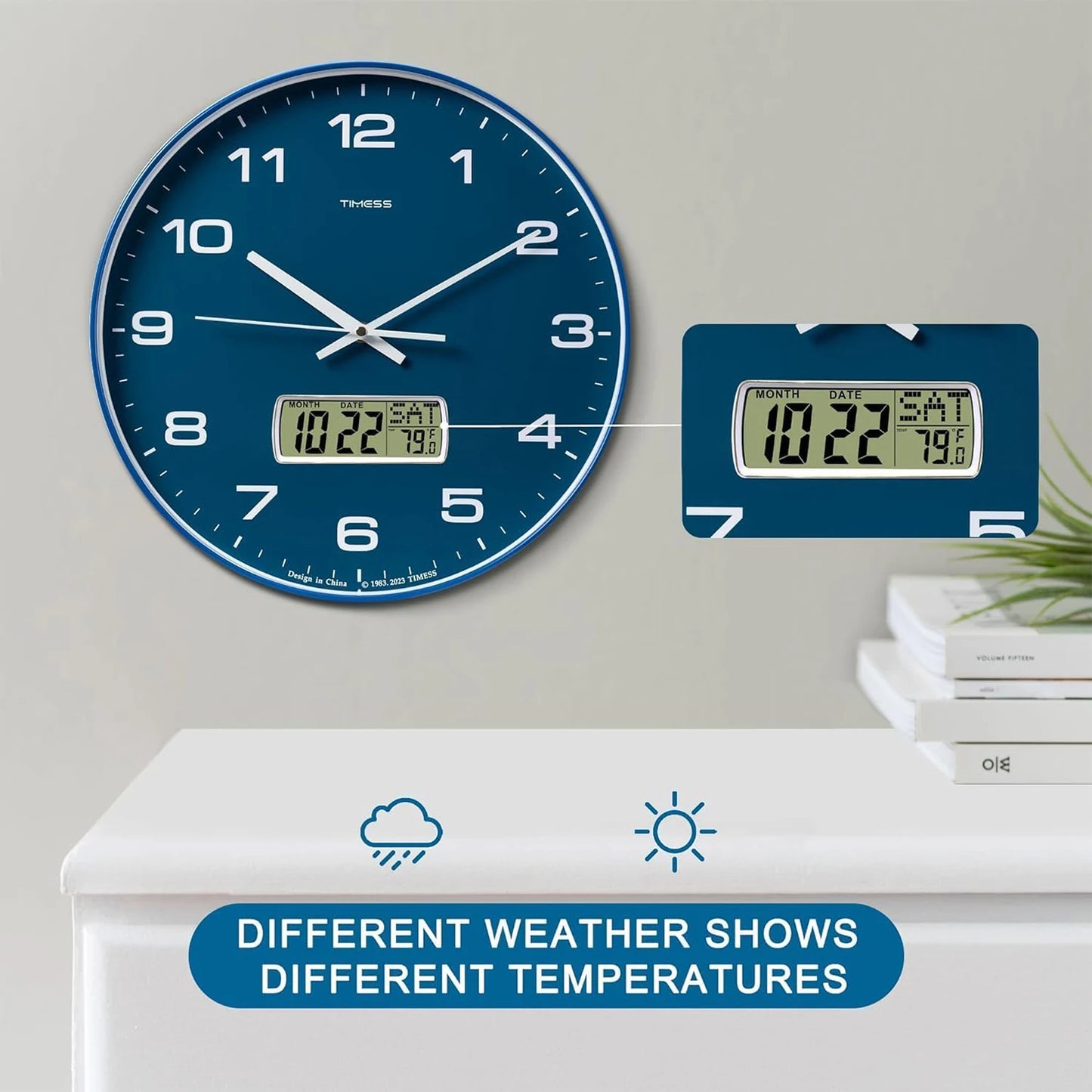 TIMESS Calendar Wall Clock,- 3 Sizes - 4 Colors Optional with Calendar and Fahrenheit Temperature