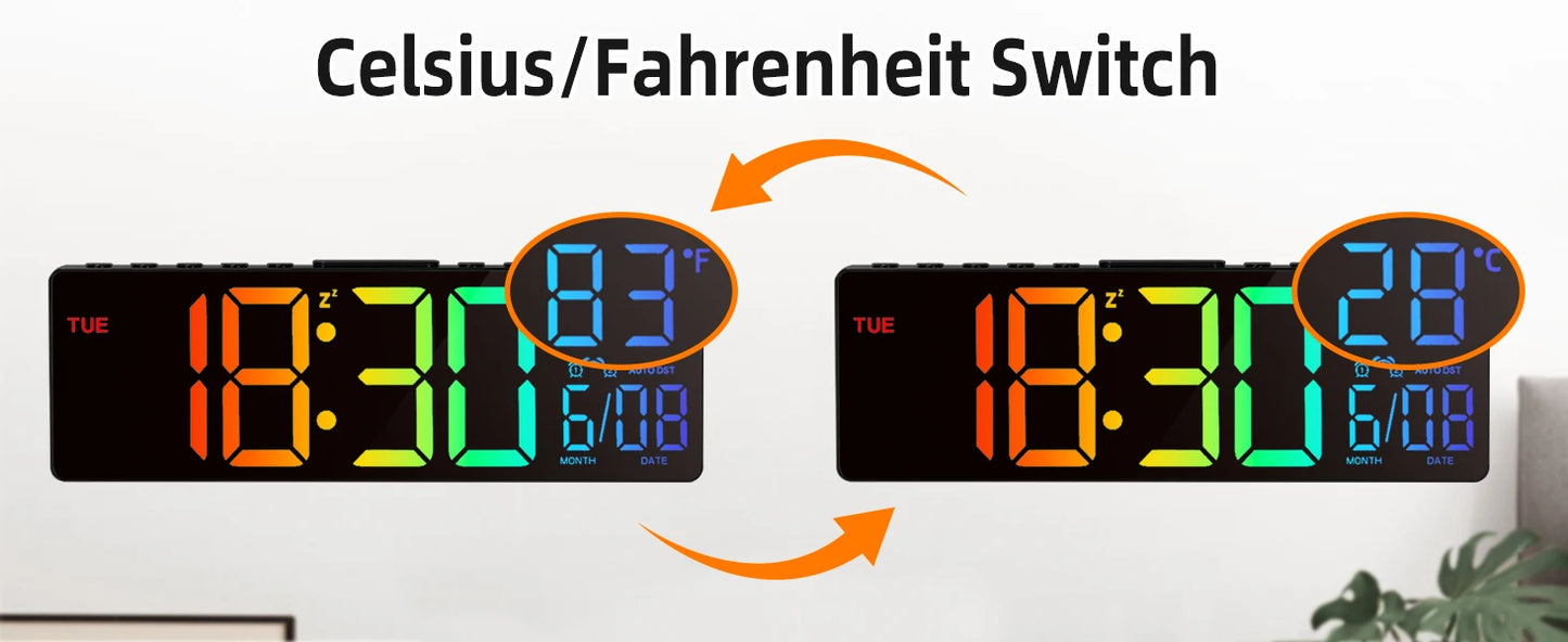 10.5" Digital Wall Clock, LED Display with Remote, Auto DST, Temperature for Living Room, Bedroom, Kitchen