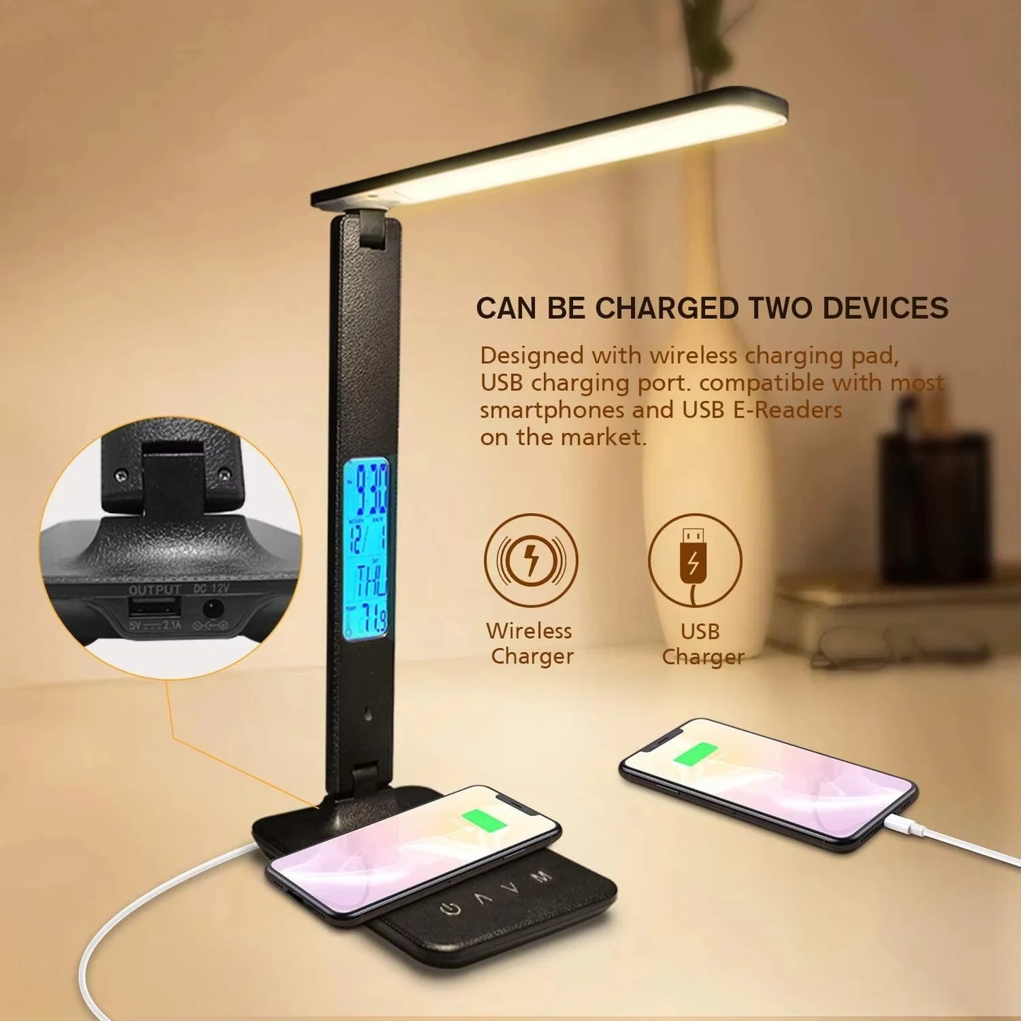 LAOPAO 10W QI Wireless Charging LED Desk Lamp - USB Charging Port Sliding - Dimmable Auto Timer with Night Light