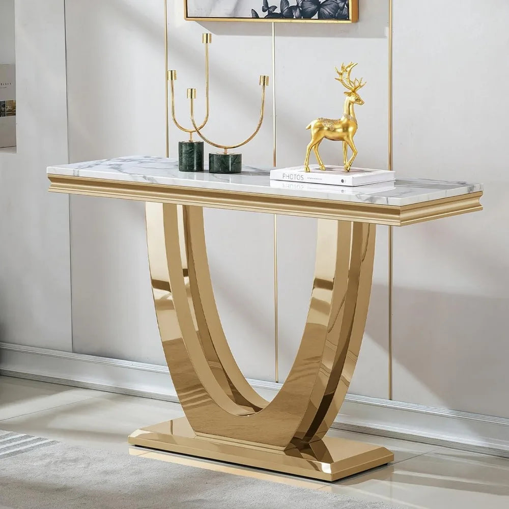 White Marble Console Table with Stainless Steel U-Base