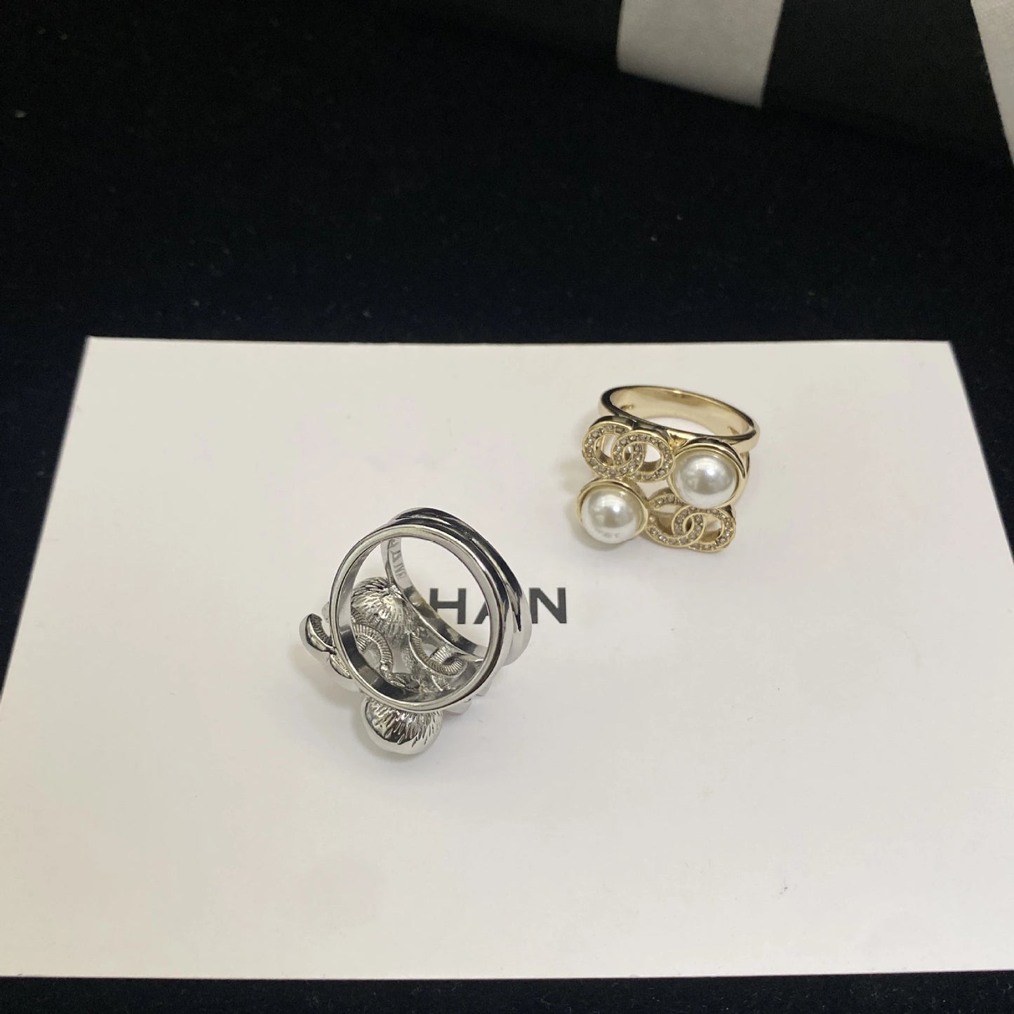 Stylish Two - tone Rings, Pearl - embellished with Chain - like Design, Unique and Gorgeous