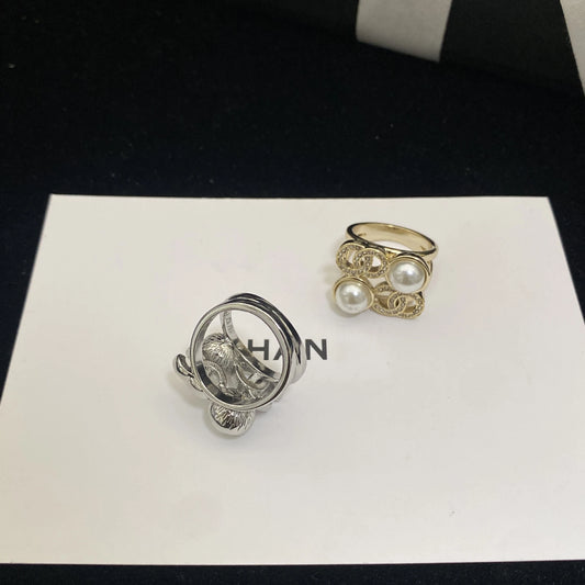 Stylish Two - tone Rings, Pearl - embellished with Chain - like Design, Unique and Gorgeous