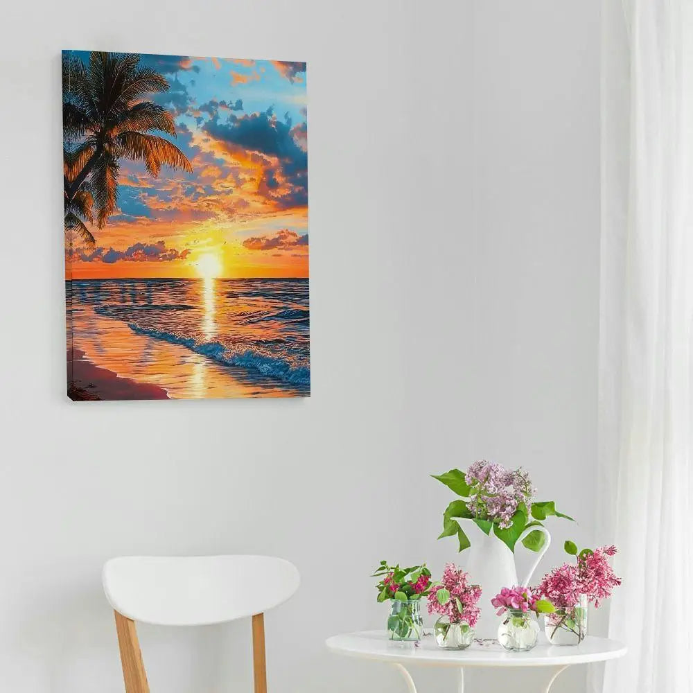 Romantic Coastal Painting with Warm Sunset
