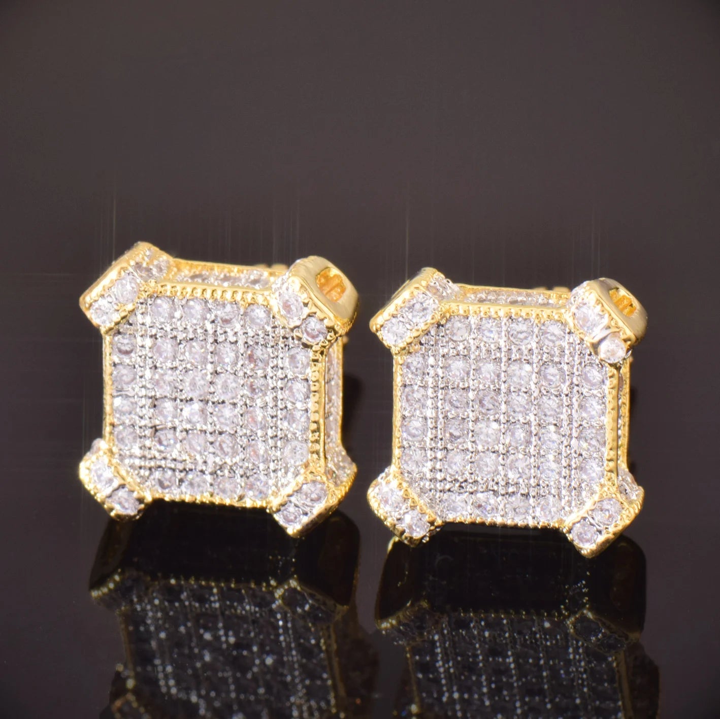 10MM Square Zircon Earring Gold,  silver Color - Men Women Screw Stud Earrings