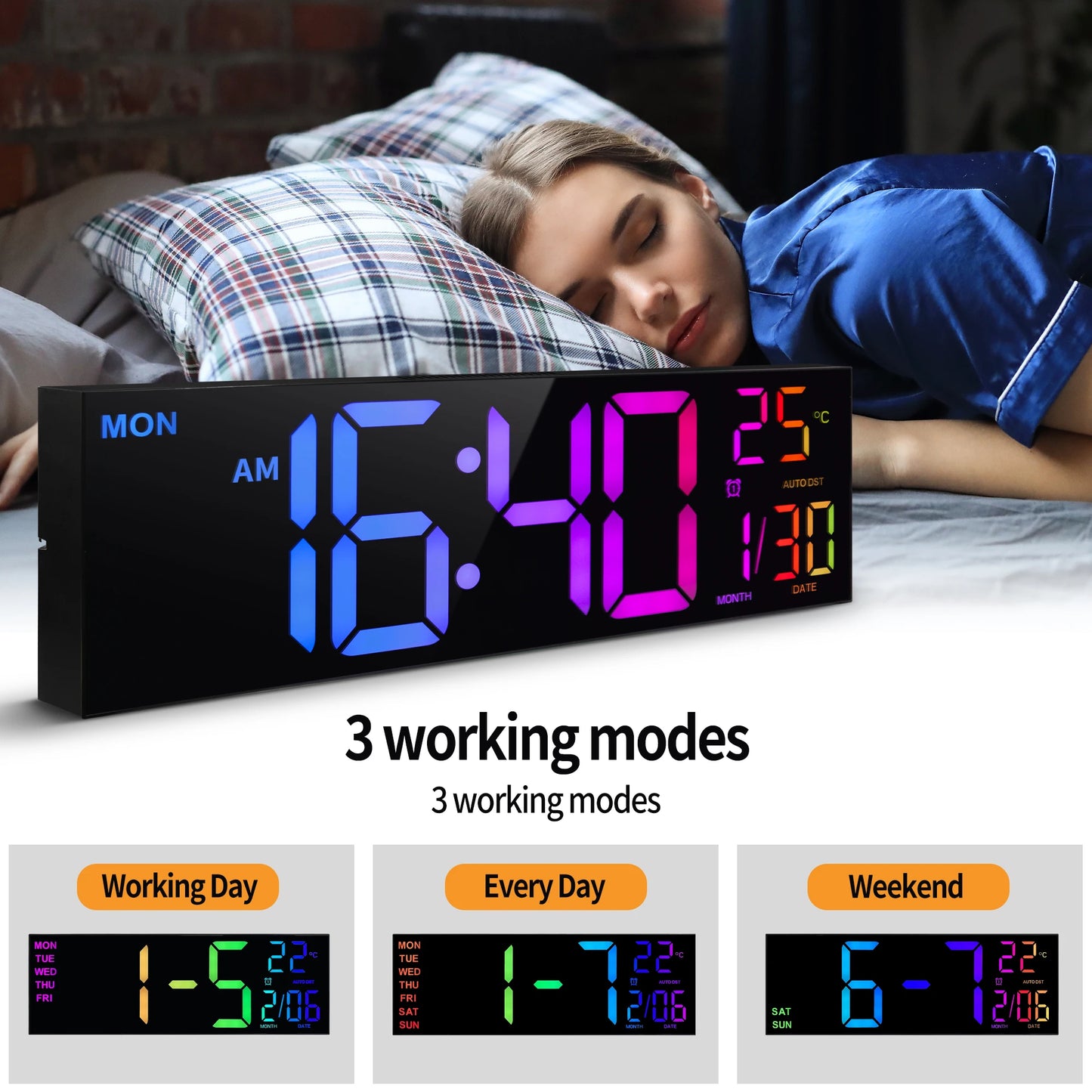16" Large Digital Wall Clock,-  Big LED Display with Remote, - 8  RGB Color, - Alarm, DST, -Temperature for Living Room, Kitchen