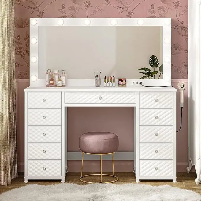 45.3” Vanity Desk with Storage, Dressing Table -  Extra Large Mirror and Lights,
