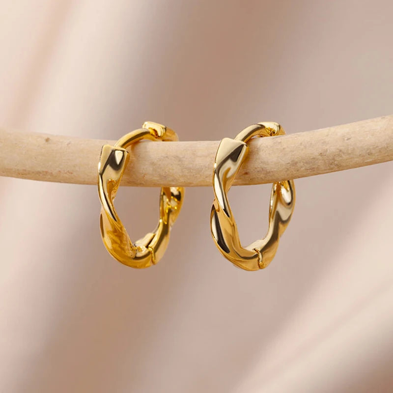 Zircon Round Hoop Earrings For Women - Gold Color Stainless Steel Earring