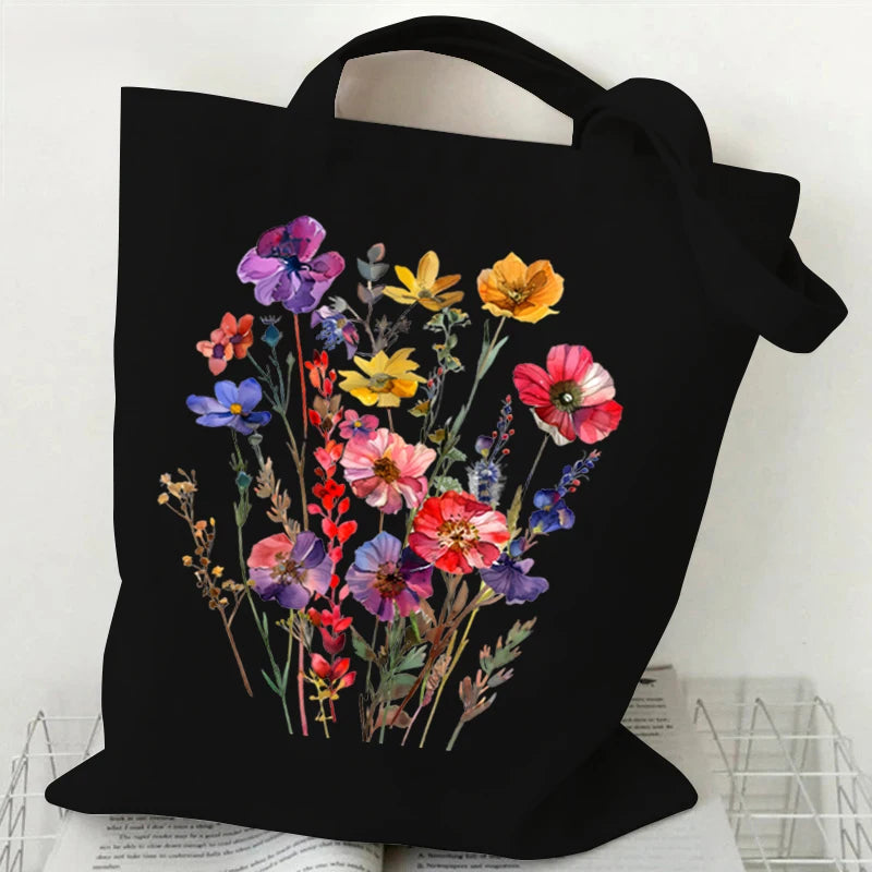 Wildflowers Pattern Retro Graphics Canvas Tote Bag