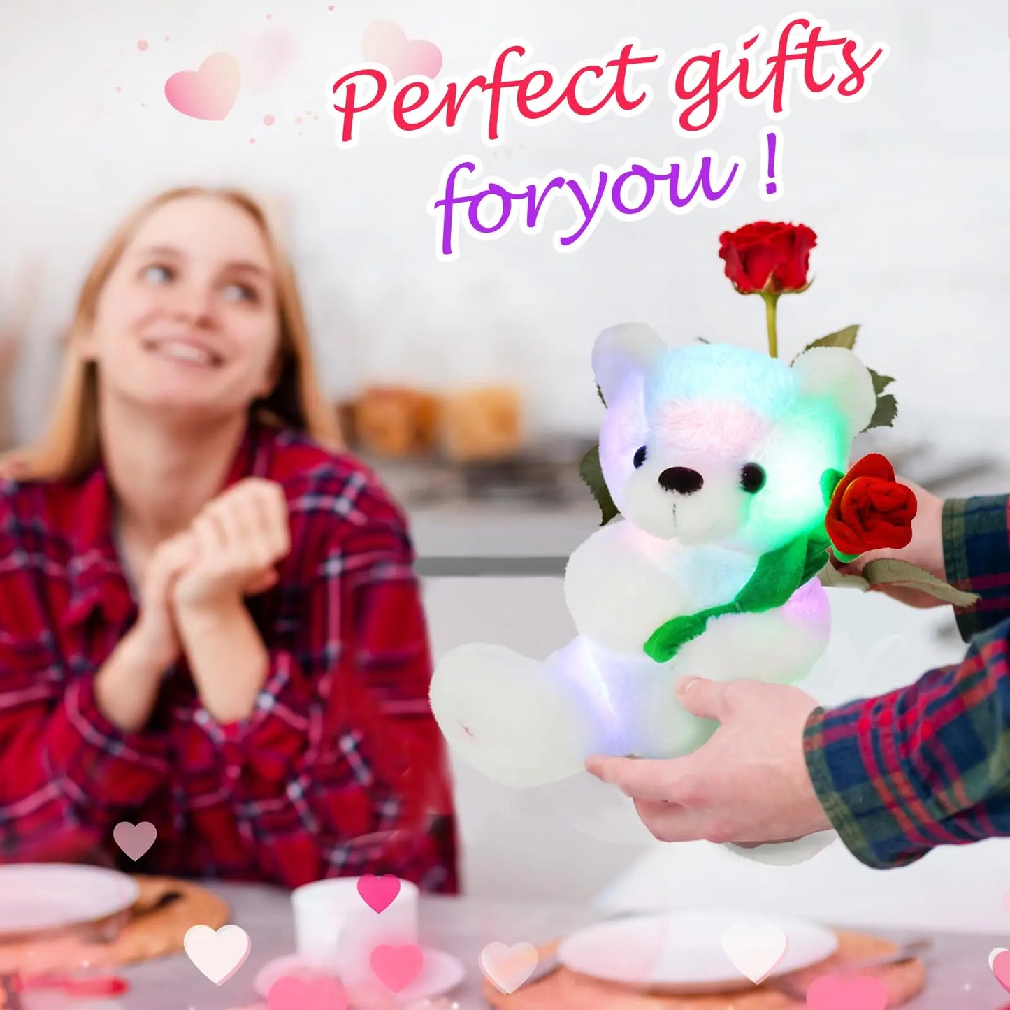 Glow White Teddy Bear with Rose Stuffed Animal - Soft Light Up - Plush Toy LED Night Lights Holiday Gifts