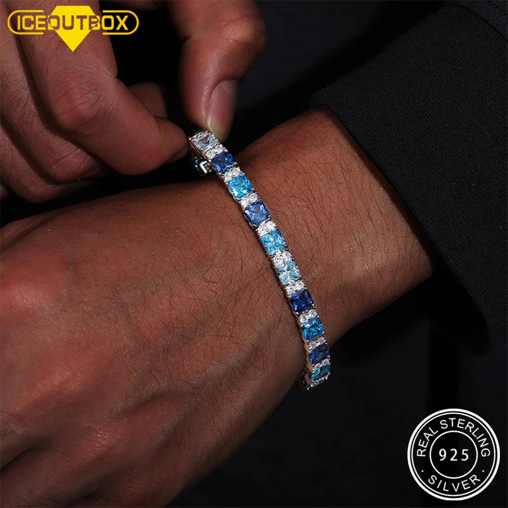 Original Gradient Blue Square Tennis Bracelet For Women S925 Sterling Silver Men Unisex Hip Hop Jewelry Party Gift New 2024