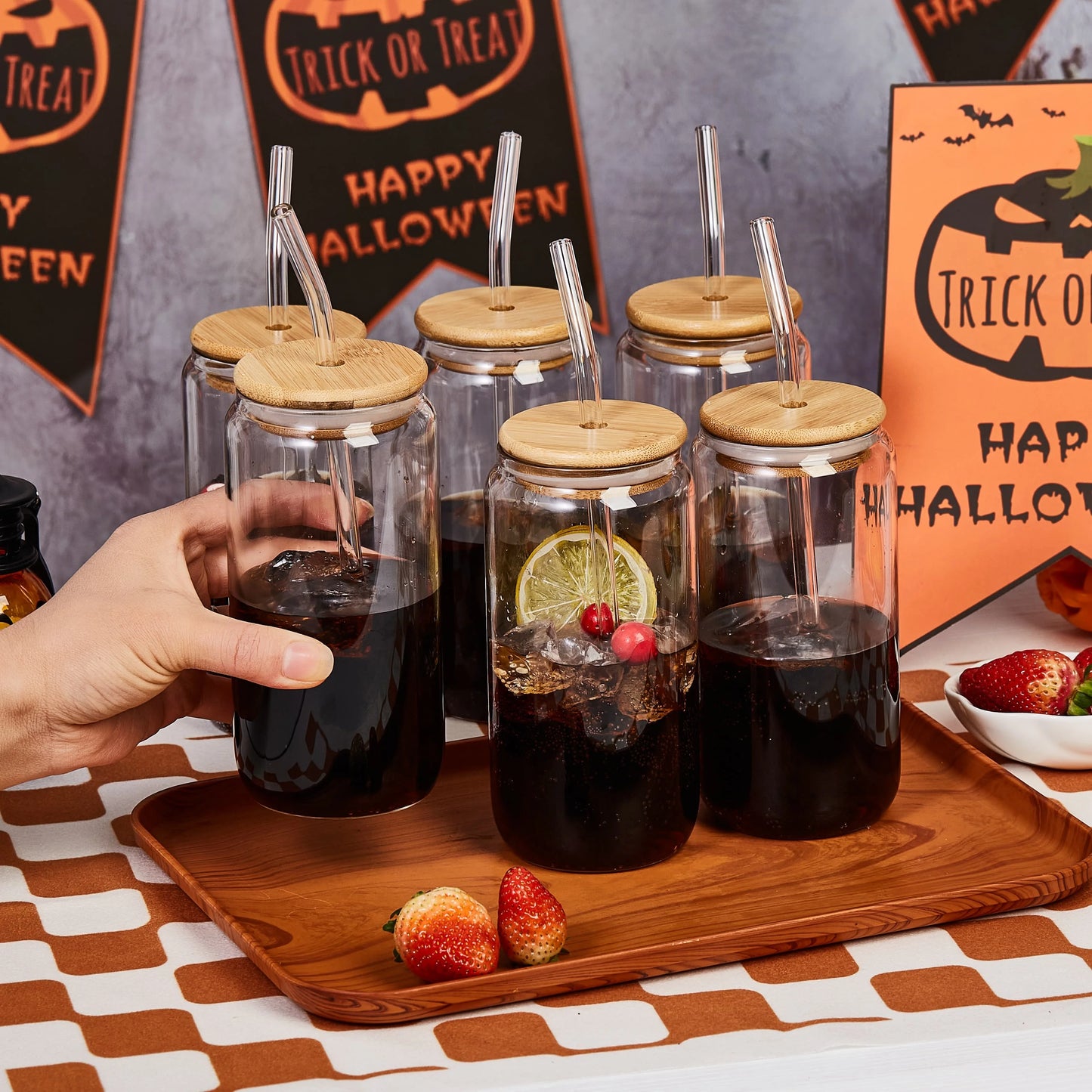 6pcs 18.6oz/Drinking Glasses with Bamboo Lids and Glass Straw