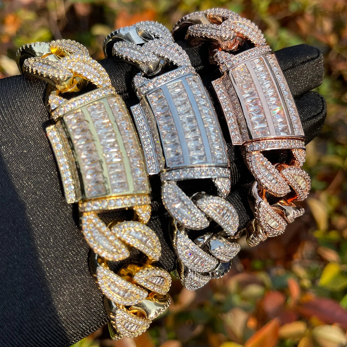 Bubble Letter Baguette Link Bracelet for Men - Iced Out Prong Setting