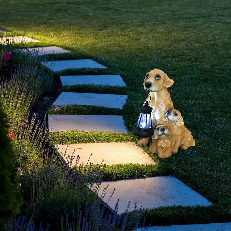 Dog Statue With Solar Lantern -  Labrador Dogs Statues Light