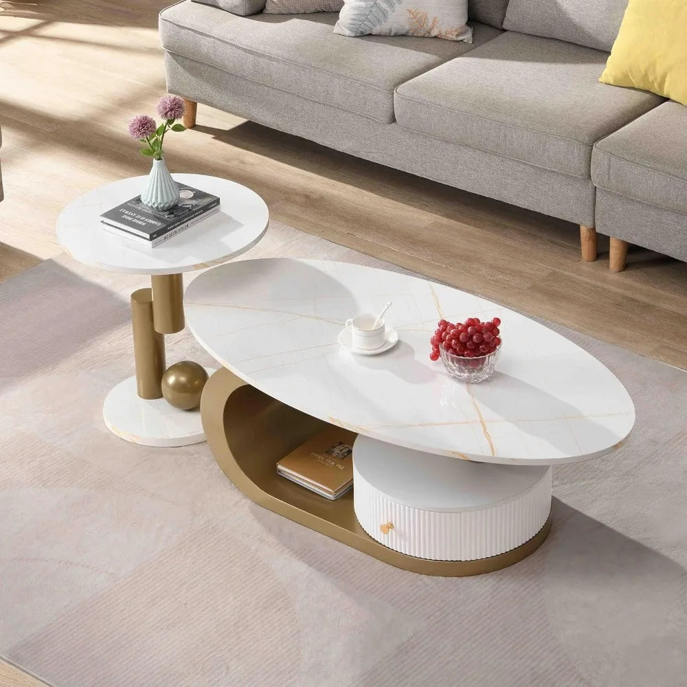 Modern 47.2" Nesting Coffee Table Set of 2, Oval and Round Centre Table Set for Living Room, Faux Marble Coffee Table and Round