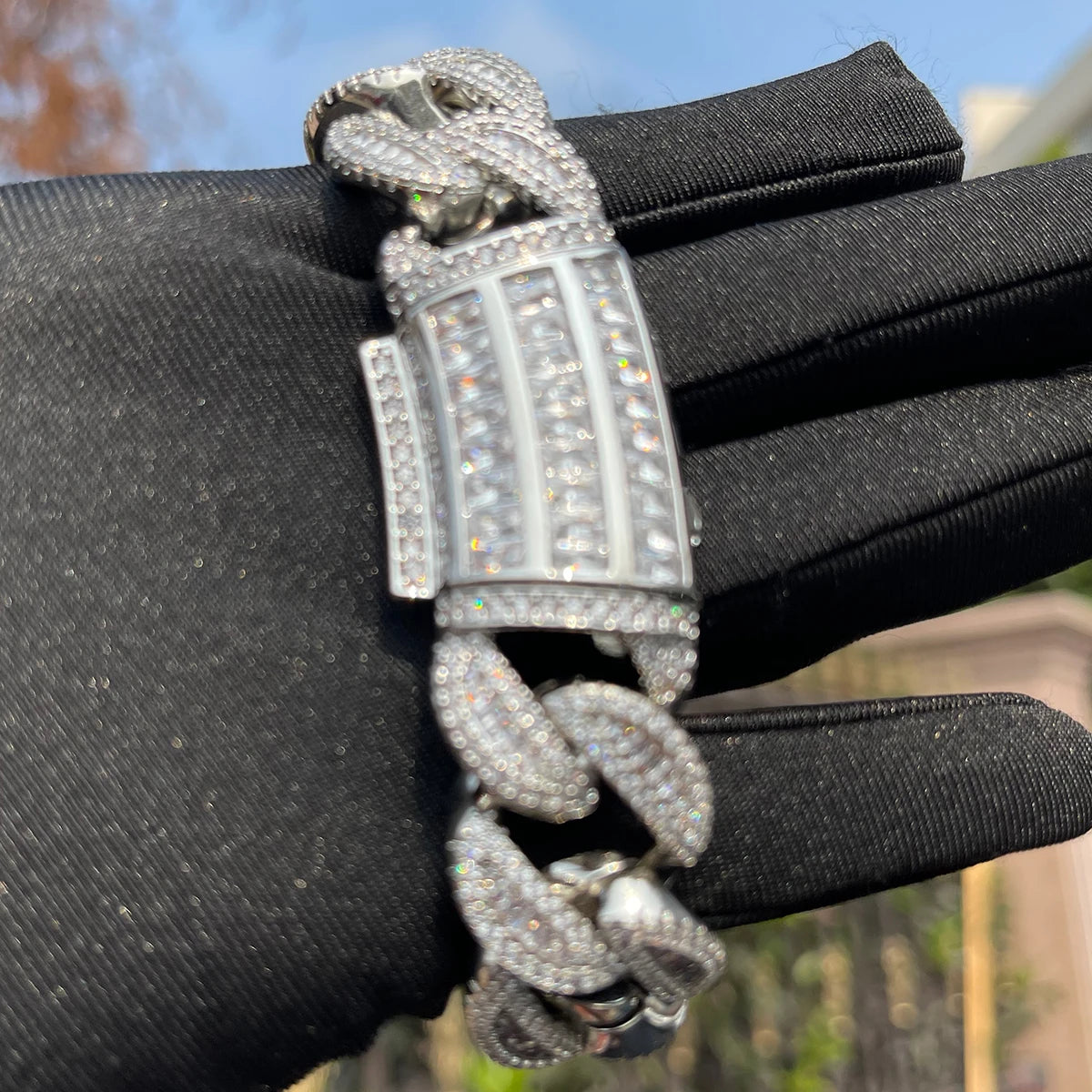 Bubble Letter Baguette Link Bracelet for Men - Iced Out Prong Setting