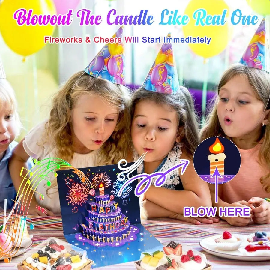 Fireworks Birthday Cards 3D Pop Up Blowable Cake. Greeting Cards with Lights Music Happy Birthday