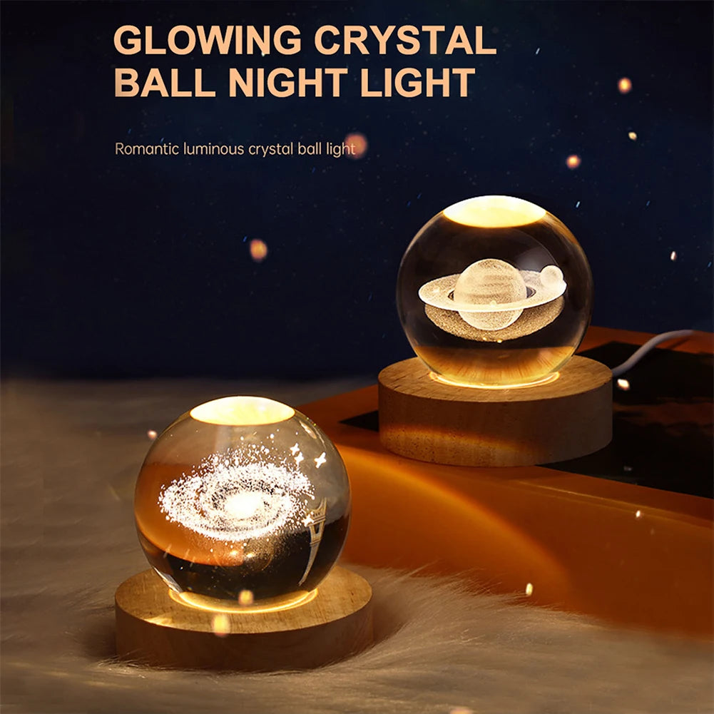 LED Crystal Ball Night Light - Crystal Ball Lamp with Wooden Base - USB Charging