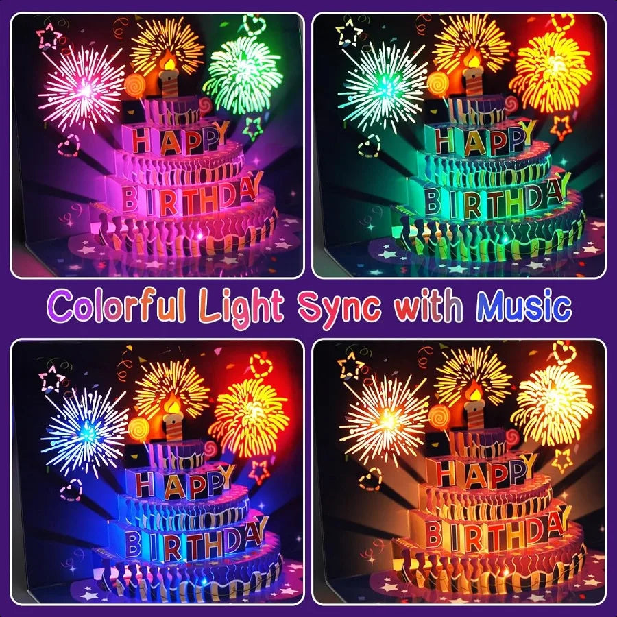 Fireworks Birthday Cards 3D Pop Up Blowable Cake. Greeting Cards with Lights Music Happy Birthday